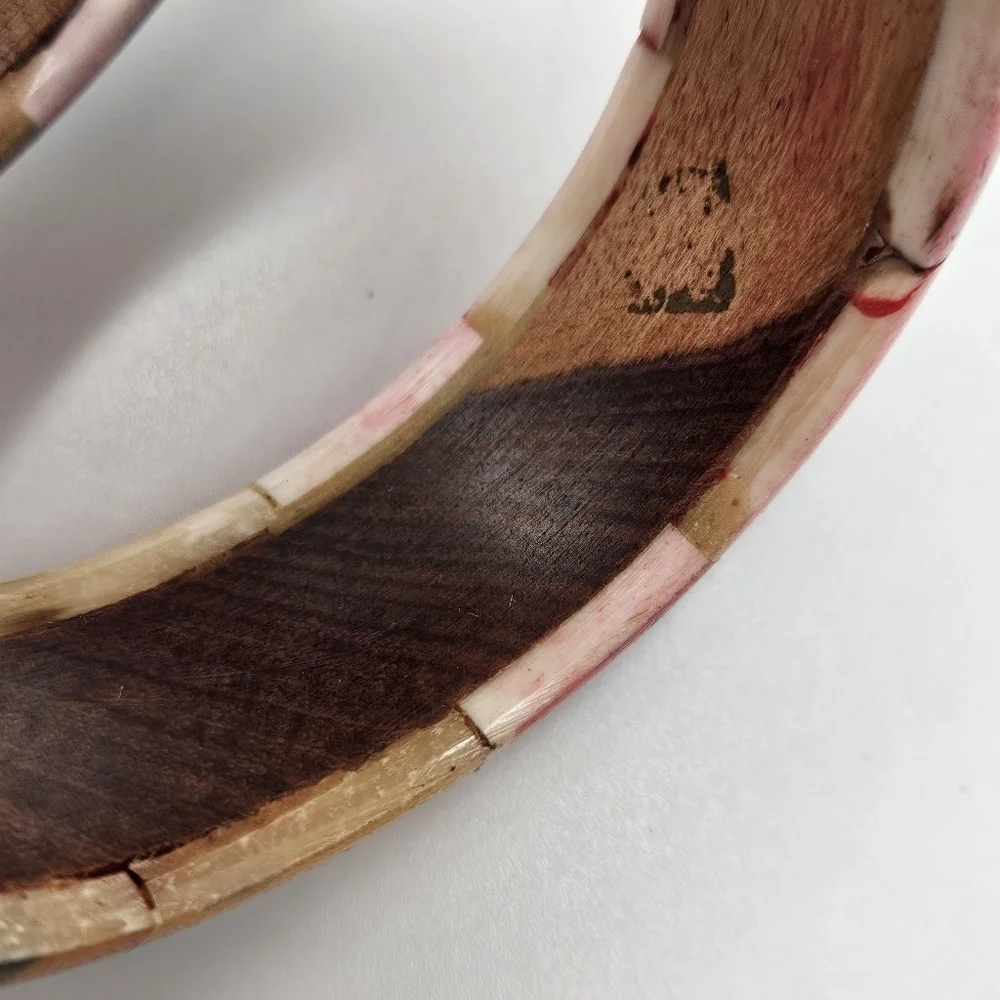 VINTAGE Acrylic Overlay Wood Wooden Round Bangle Bracelets Set of 2 Encore